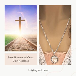 Hammered Cross Coin Necklace- Silver - 20 - 24 inch - - LadybugfeetDesigns -