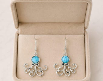 Genuine Larimar Octopus Earrings - .925 Sterling Silver