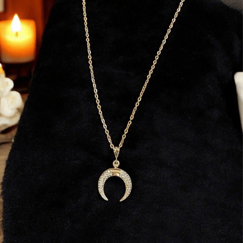 Downward Crescent Moon Necklace, Crescent Horn Necklace, Gold - - LadybugfeetDesigns -