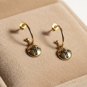 Cross Gold Hoop earrings, Gold - 16mm - - LadybugfeetDesigns -