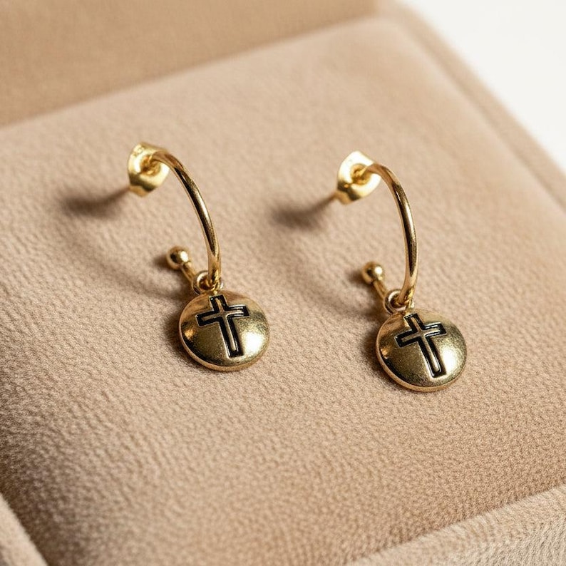 Cross Gold Hoop earrings, Gold - 16mm - - LadybugfeetDesigns -
