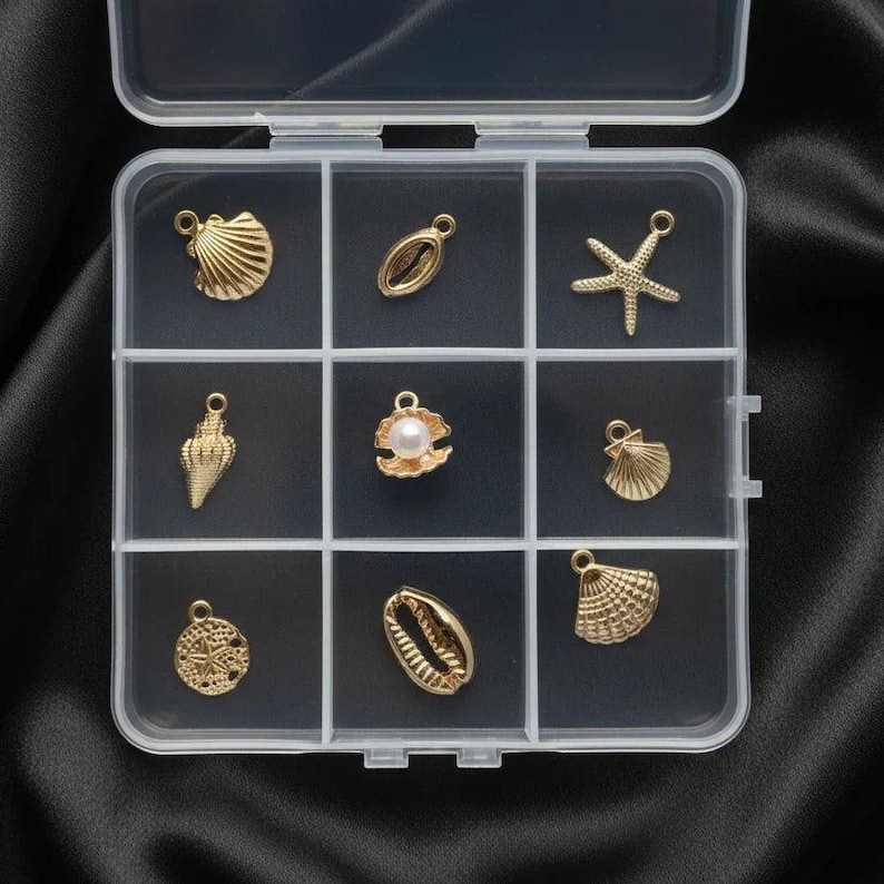Beach Shells Charm Box - 9 pc., Gold - - LadybugfeetDesigns -