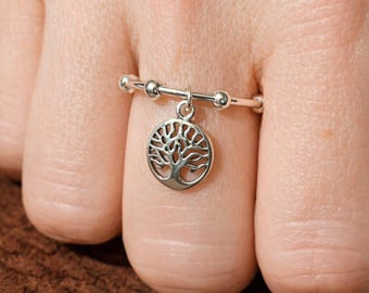 Sterling Silver Tree of Life Adjustable Charm Ring
