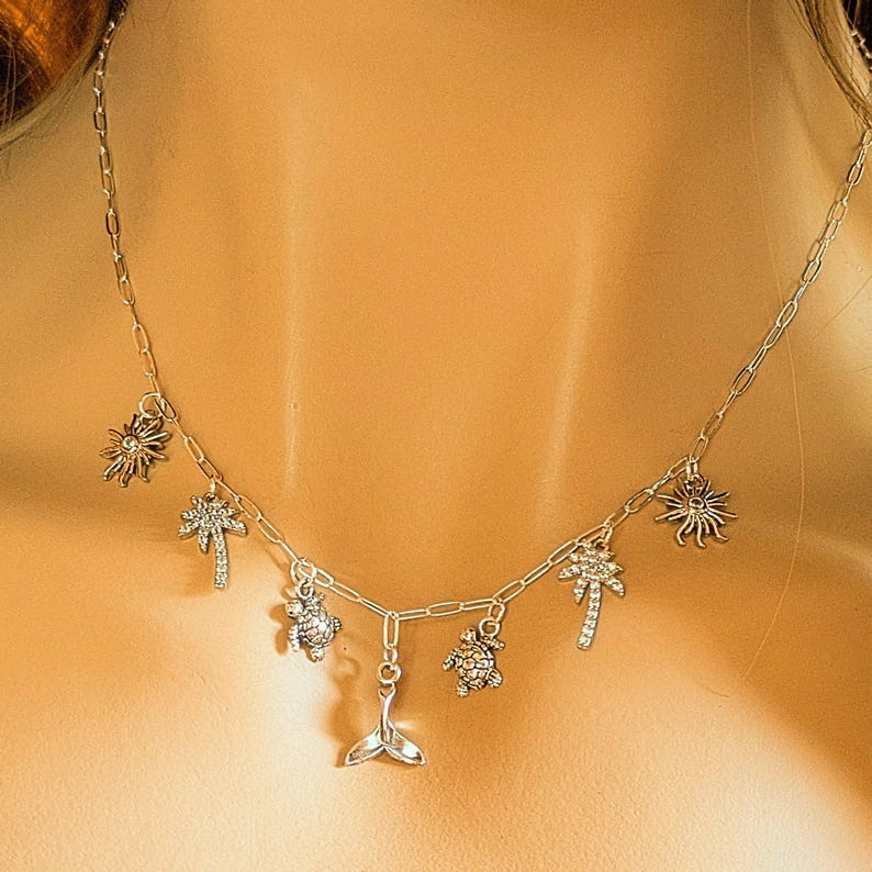 Tropic Vacation Multi Charm Link Necklace, .925 Sterling Silver - 20 inch - - LadybugfeetDesigns -