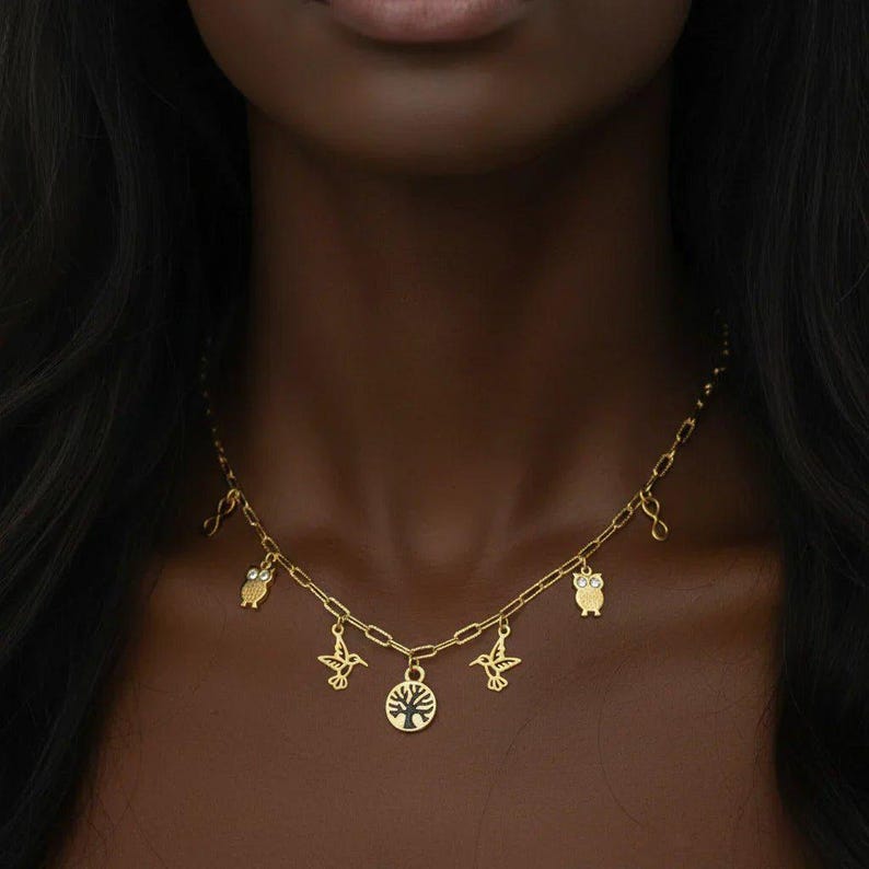 Nature Vibes Multi Charm Link Necklace, Gold- 20 inch - - LadybugfeetDesigns -