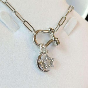 Celestial Moon CZ Star Shackle Clasp Carabiner Necklace, Silver - 20 inch - - LadybugfeetDesigns -