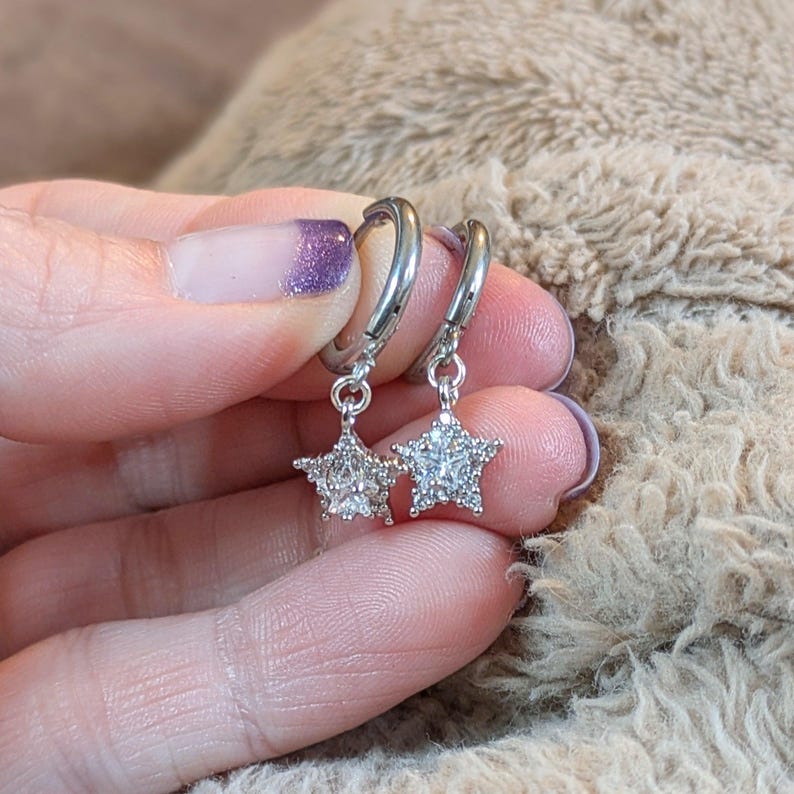 Sparkly CZ Star Hoop earrings, Silver - 10mm - - LadybugfeetDesigns -