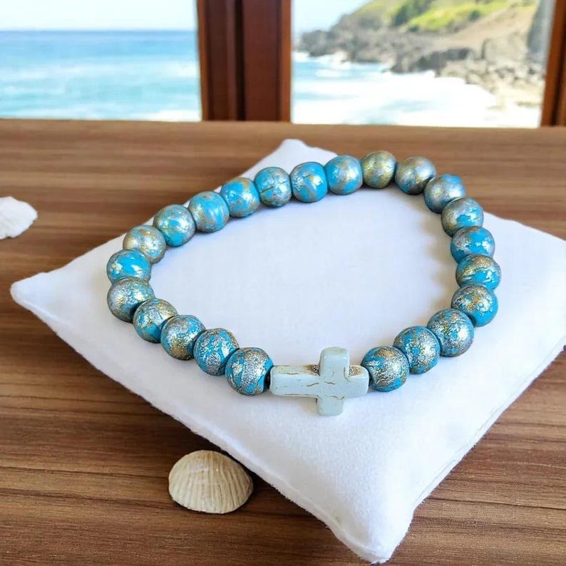 Aqua Silver Gold Beaded Cross Stretch bracelet - - LadybugfeetDesigns -
