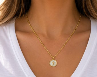 Pearl Shell Cross necklace, Gold- 20 inch