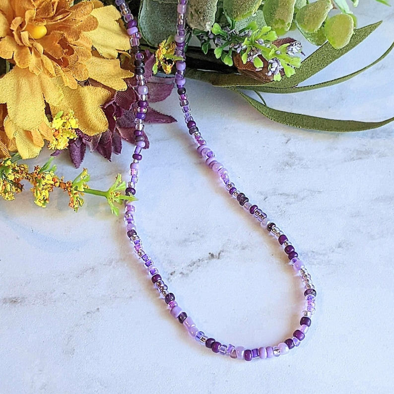 Purple Beaded Choker Necklace - 16 inch - - LadybugfeetDesigns -