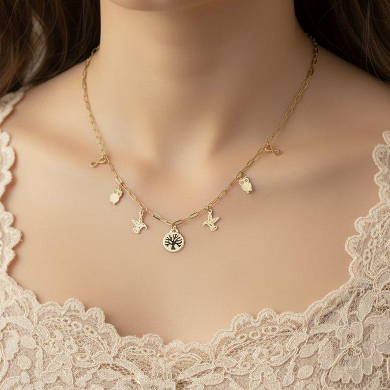 Nature Vibes Multi Charm Link Necklace, Gold- 20 inch - - LadybugfeetDesigns -