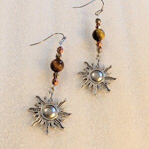 Celestial Sun Tiger's Eye Beaded Hook Earrings, Silver - - LadybugfeetDesigns -