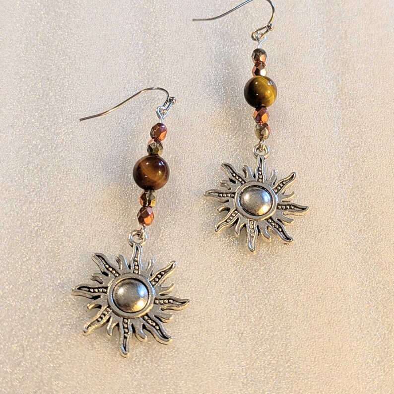 Celestial Sun Tiger's Eye Beaded Hook Earrings, Silver - - LadybugfeetDesigns -