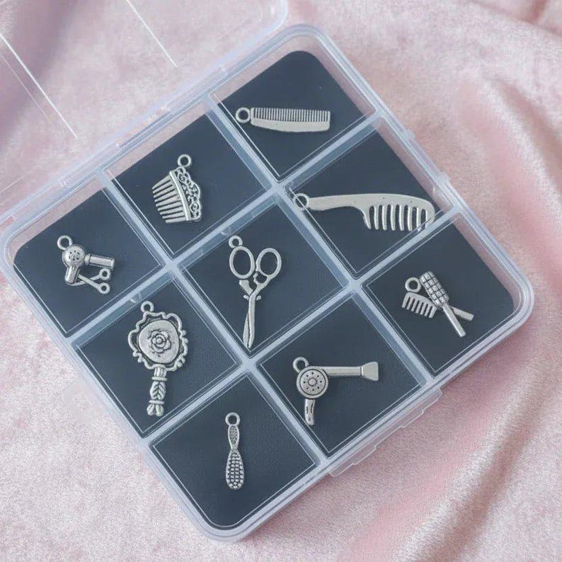 Hair Dresser Charm Box - 9 pc., Silver - - LadybugfeetDesigns -