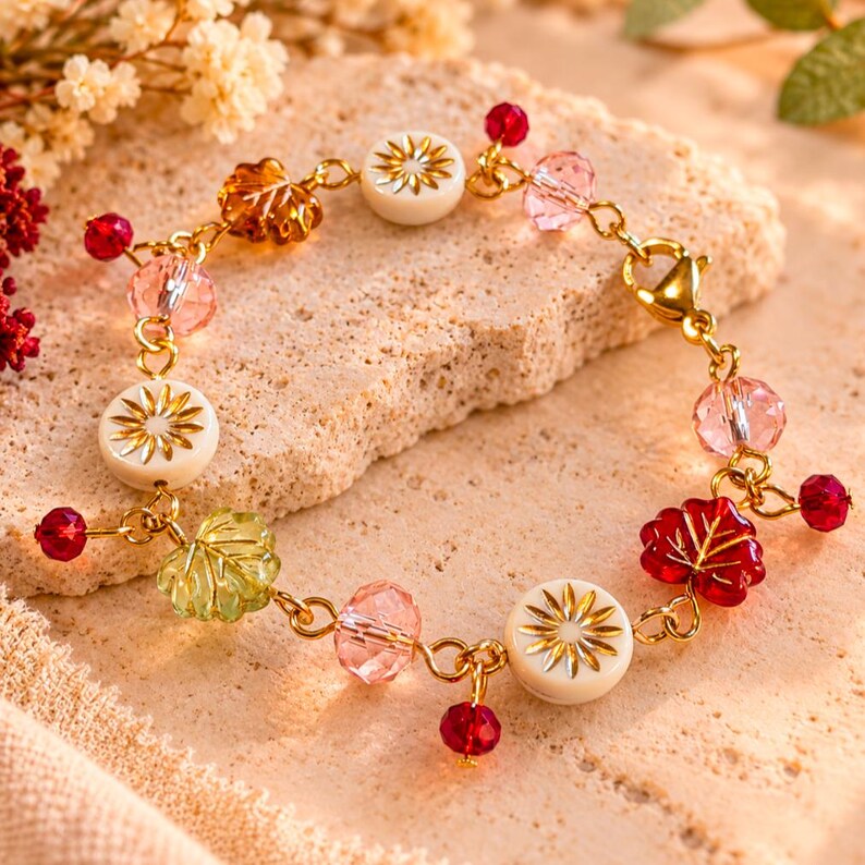 Botanical Starburst Crystal Bead Bracelet, Gold - - LadybugfeetDesigns -