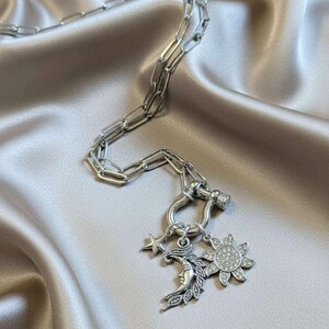 Celestial Moon Face, CZ Sun and Star Shackle Clasp Carabiner Necklace, Silver - 20 inch - - LadybugfeetDesigns -