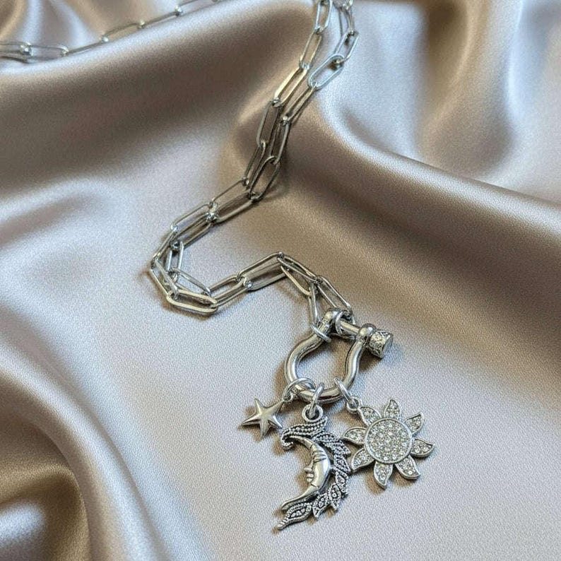 Celestial Moon Face, CZ Sun and Star Shackle Clasp Carabiner Necklace, Silver - 20 inch - - LadybugfeetDesigns -