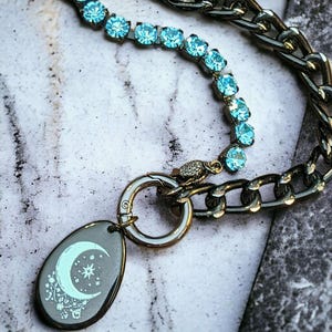 Black and Crystal Crescent Moon Snap Ring Necklace - 24 inch - - LadybugfeetDesigns -