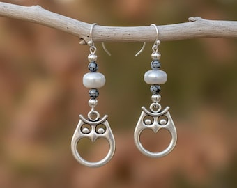Owl Boulder Opal Beaded Hook Earrings, Silver