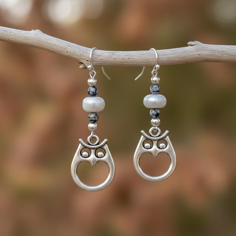 Owl Boulder Opal Beaded Hook Earrings, Silver - - LadybugfeetDesigns -