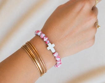 Hot Pink Baby Blue Beaded Cross Stretch bracelet
