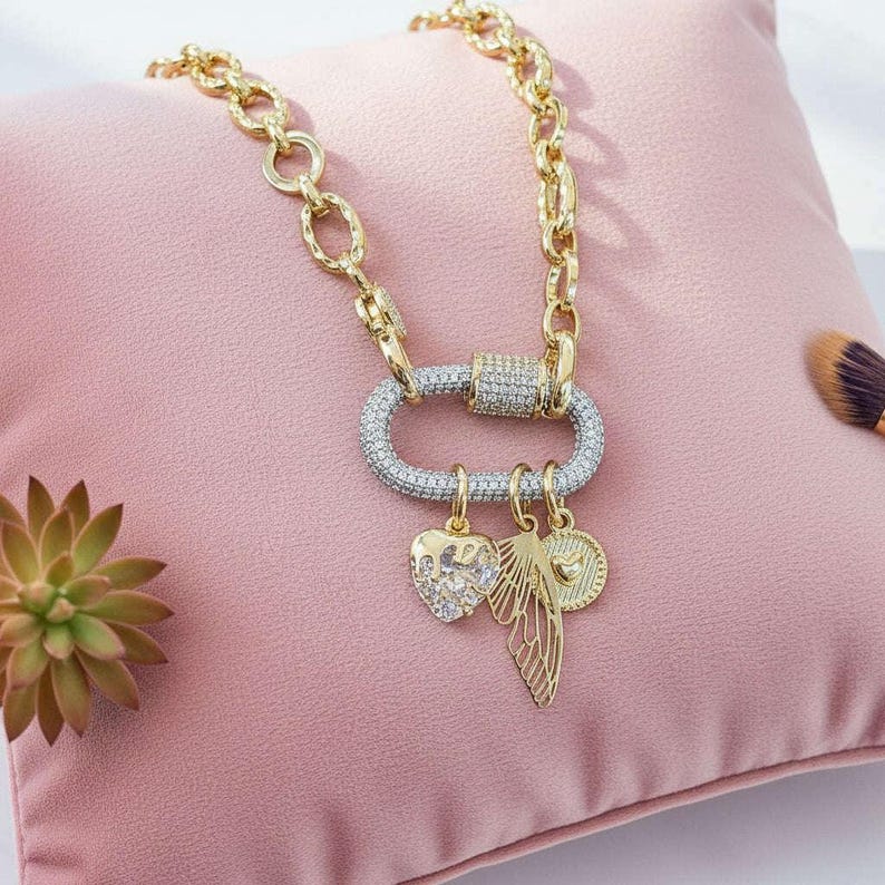 Dragonfly/Fairy Wing, Heart Carabiner Necklace, Gold - Adjusts up to 20 inches - - LadybugfeetDesigns -