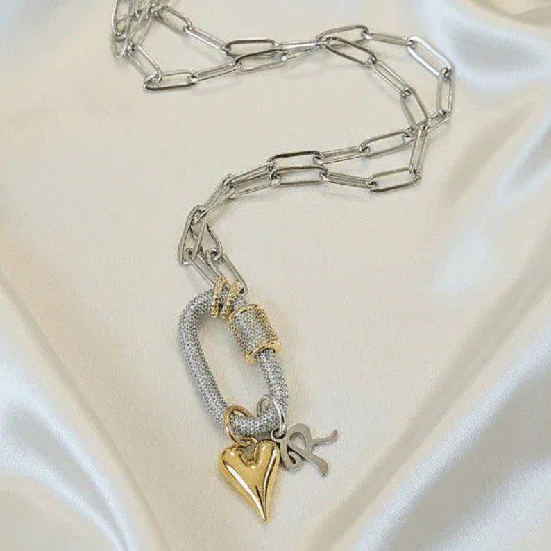 Silver Initial Heart Carabiner Necklace - 20 inch - - LadybugfeetDesigns -