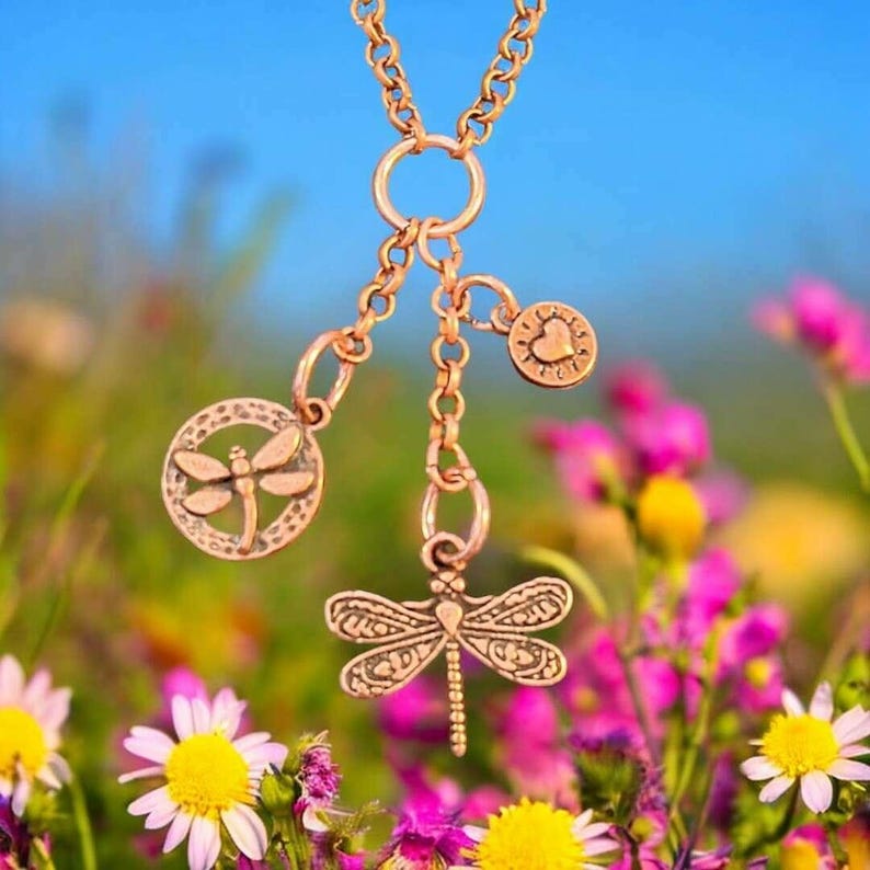 Dragonfly Charm Keeper Necklace, Antique Copper - 18-24 inch - - LadybugfeetDesigns -
