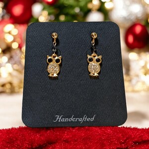 CZ Owl Charm Drop Stud Earrings-Gold - - LadybugfeetDesigns -