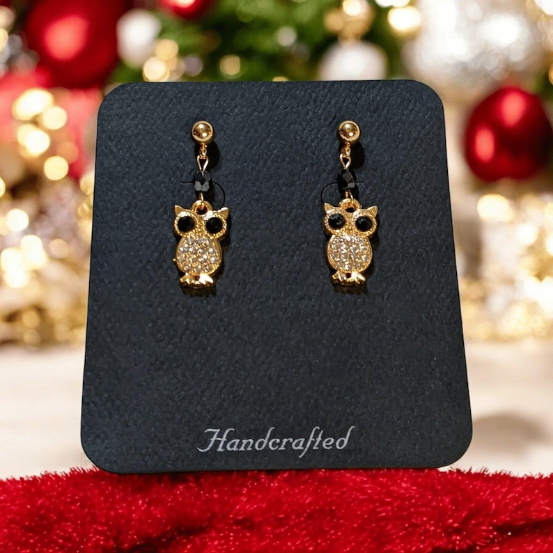 CZ Owl Charm Drop Stud Earrings-Gold - - LadybugfeetDesigns -