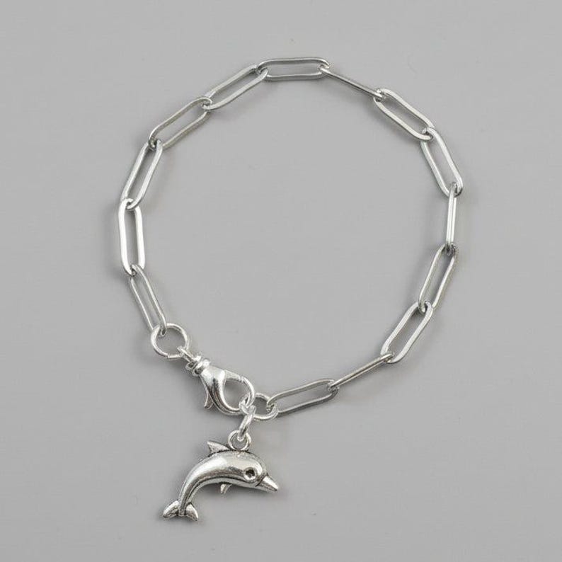 Silver Dolphin Stainless Steel Paperclip Chain Bracelet - - LadybugfeetDesigns -