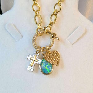 Two Tone Cross, Faux Opal and Heart Shackle Clasp Carabiner Necklace, Gold - Adjusts up to 20 inches - - LadybugfeetDesigns -