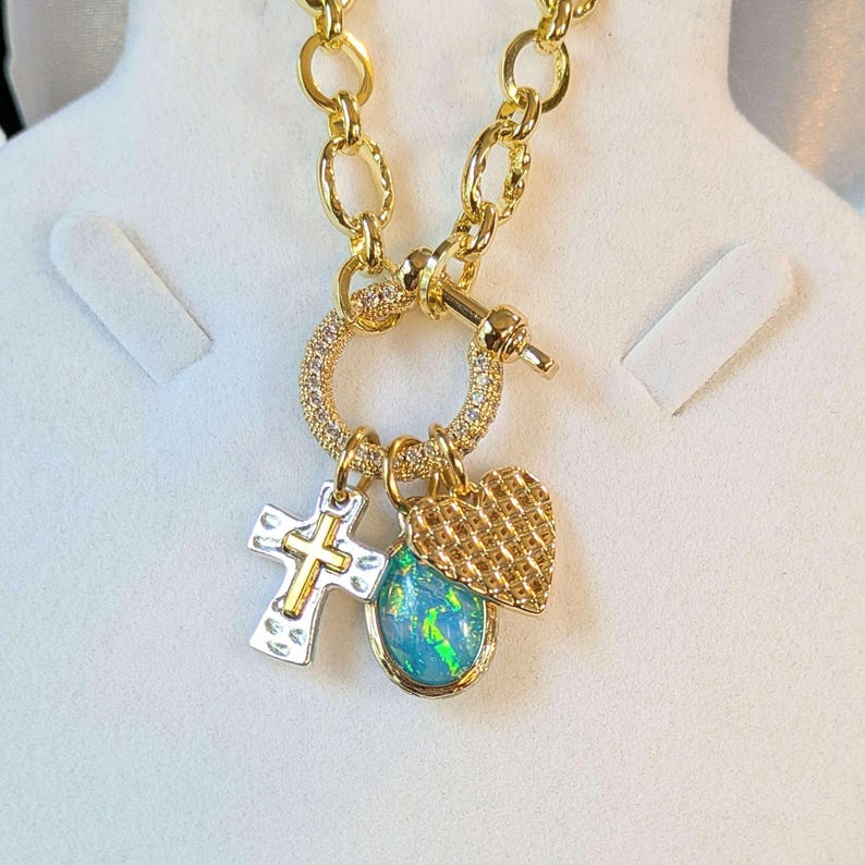 Two Tone Cross, Faux Opal and Heart Shackle Clasp Carabiner Necklace, Gold - Adjusts up to 20 inches - - LadybugfeetDesigns -
