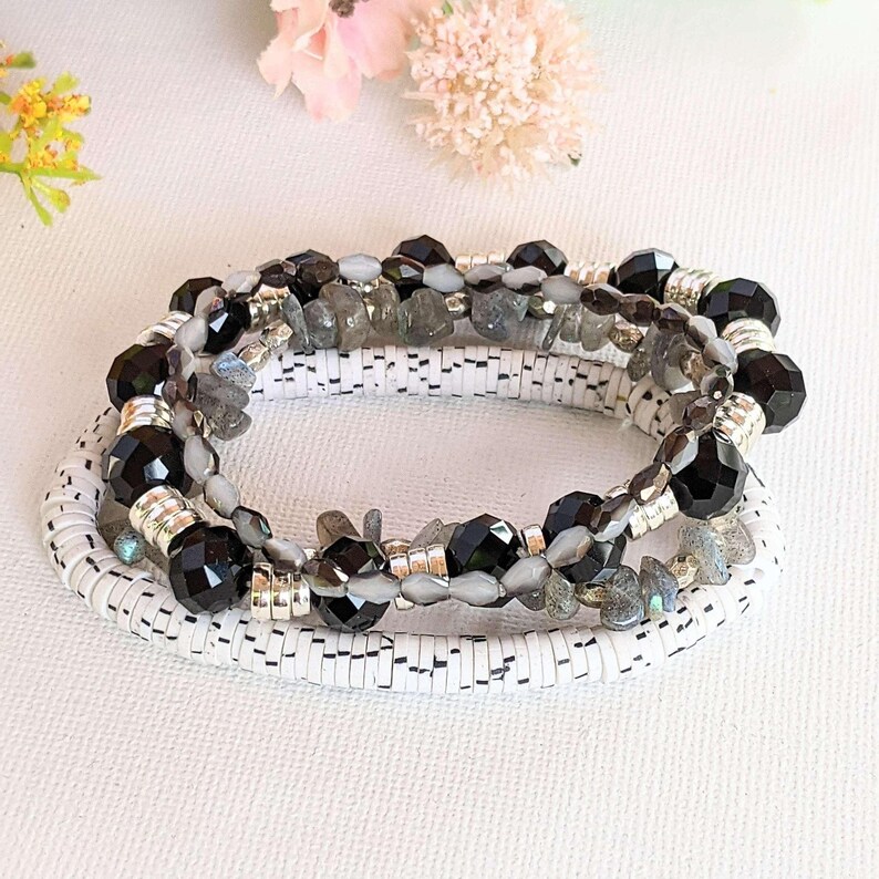 Salt and Pepper Stretch Bracelet Stack - - LadybugfeetDesigns -