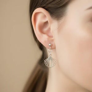 Sea Scallop Charm Drop Stud Earrings-Silver - - LadybugfeetDesigns -