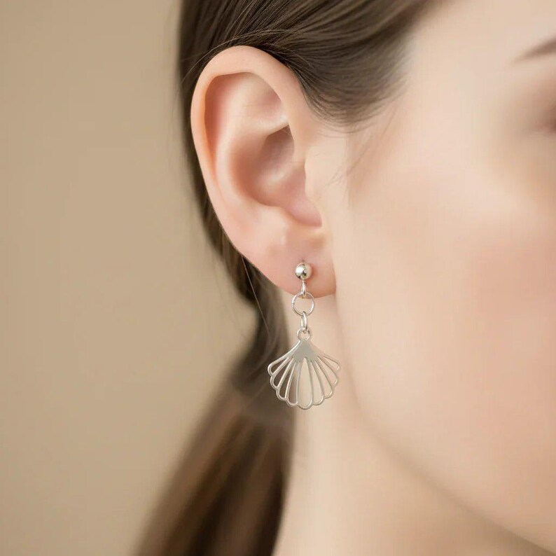 Sea Scallop Charm Drop Stud Earrings-Silver - - LadybugfeetDesigns -