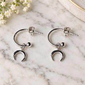 Downward Crescent MoOn Mini Hoop Huggie Earrings, Silver- 12mm - - LadybugfeetDesigns -