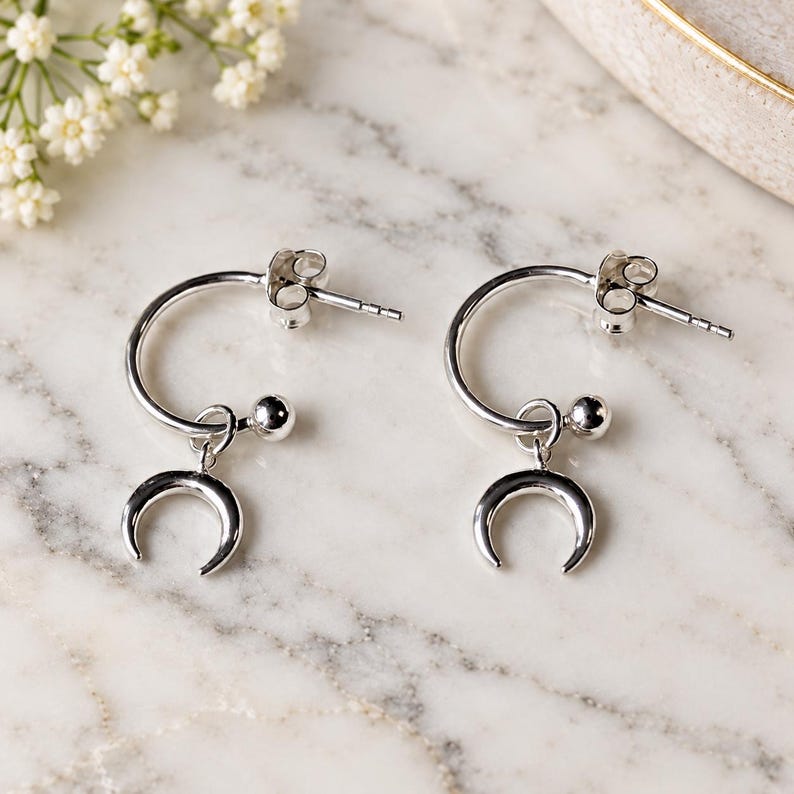 Downward Crescent MoOn Mini Hoop Huggie Earrings, Silver- 12mm - - LadybugfeetDesigns -
