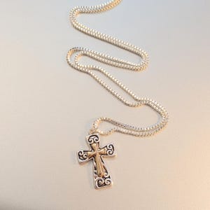 Two Tone Fancy Cross Necklace, Sterling Silver- 24 inches - - LadybugfeetDesigns -