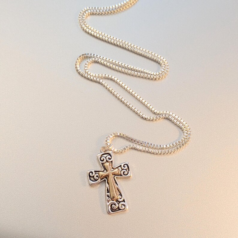 Two Tone Fancy Cross Necklace, Sterling Silver- 24 inches - - LadybugfeetDesigns -