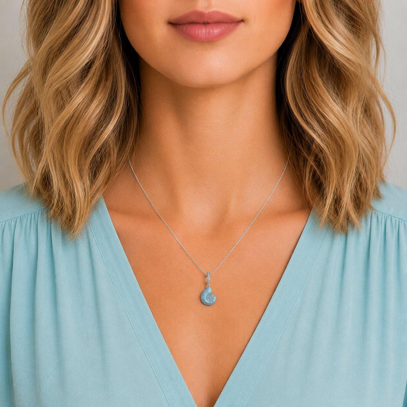 Blue Sea Snail Necklace, 20 inches - Silver - - LadybugfeetDesigns -