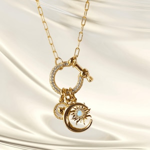 Opal Sun, Crescent Moon and Heart Shackle Clasp Carabiner Necklace, Gold - Adjusts up to 20 inches - - LadybugfeetDesigns -