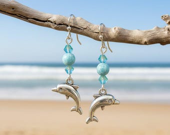 Dolphin Larimar Beaded Hook Earrings, Silver