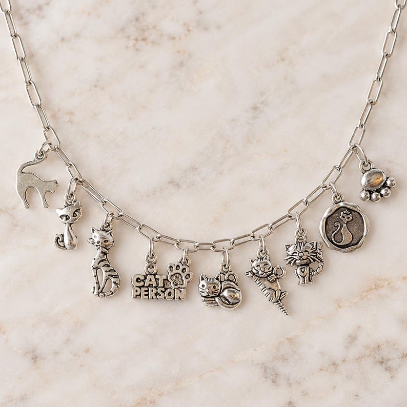 Cat Person Multi Charm Link Necklace, Silver - 20 inch - - LadybugfeetDesigns -