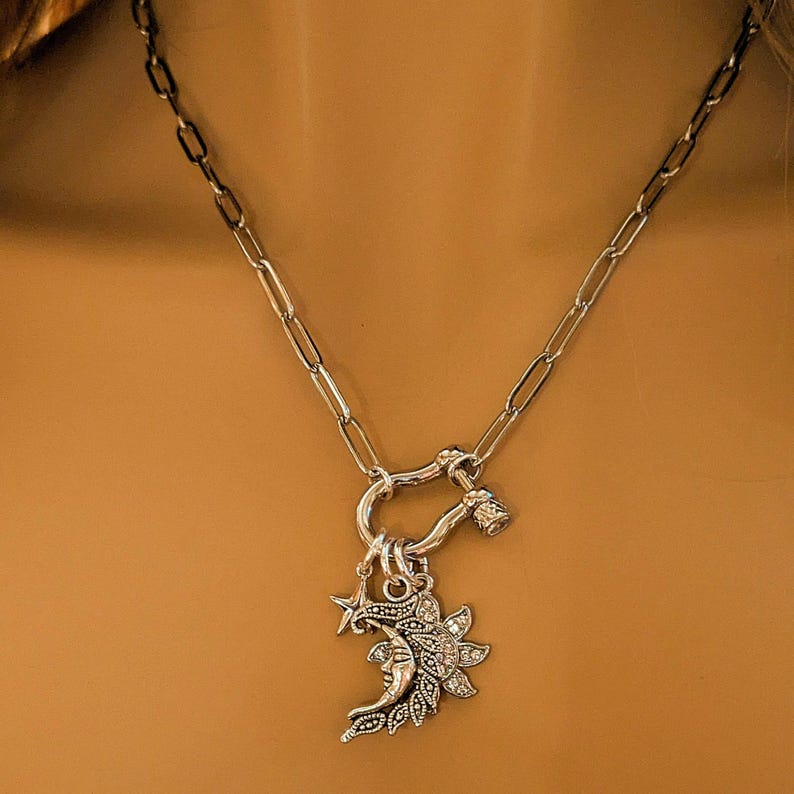 Celestial Moon Face, CZ Sun and Star Shackle Clasp Carabiner Necklace, Silver - 20 inch - - LadybugfeetDesigns -