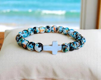 Bracelet extensible croisé noir orange bleu