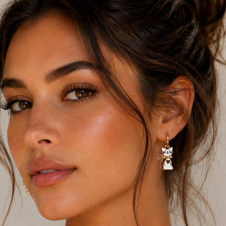 Kitty Cat Hoop earrings, Gold - 12mm - - LadybugfeetDesigns -