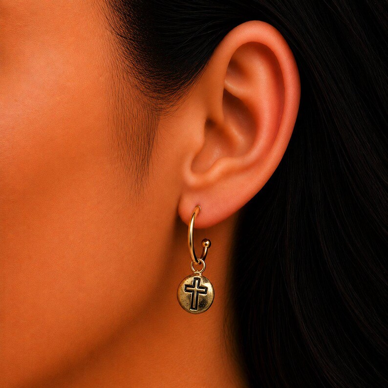 Cross Gold Hoop earrings, Hoop Drop, 16mm - - LadybugfeetDesigns -