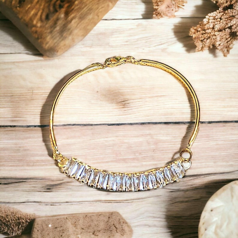 Gold CZ Baguette Bangle Bracelet, Large - - LadybugfeetDesigns -