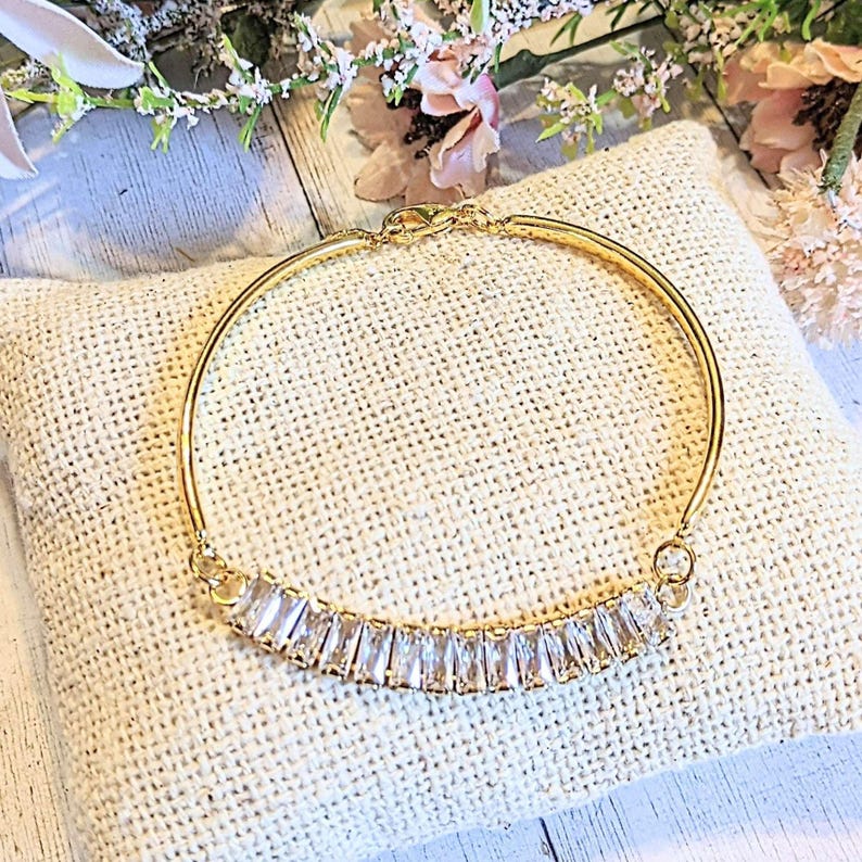 Gold CZ Baguette Bangle Bracelet, Large - - LadybugfeetDesigns -